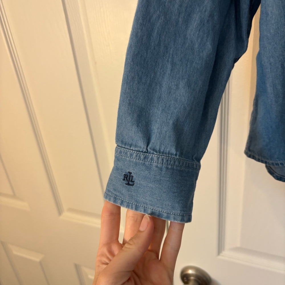 Ralph Lauren Lauren Jeans Co Vintage Chambray Blue Denim Ruffle Cottage Top 16 S - Picture 7 of 10